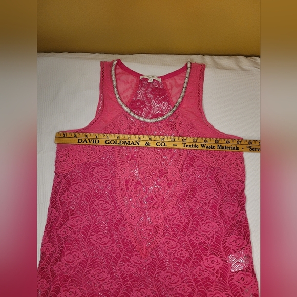 Miss me Pink Boho Western Crochet Floral Open Knit Beaded Top sz M MDT717T - Picture 6 of 8